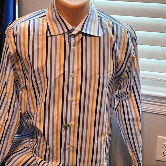 Paul Fredrick Men's 17 35 Multicolor Striped Cotton Trim Fit Dress Shirt - Picture 1 of 12